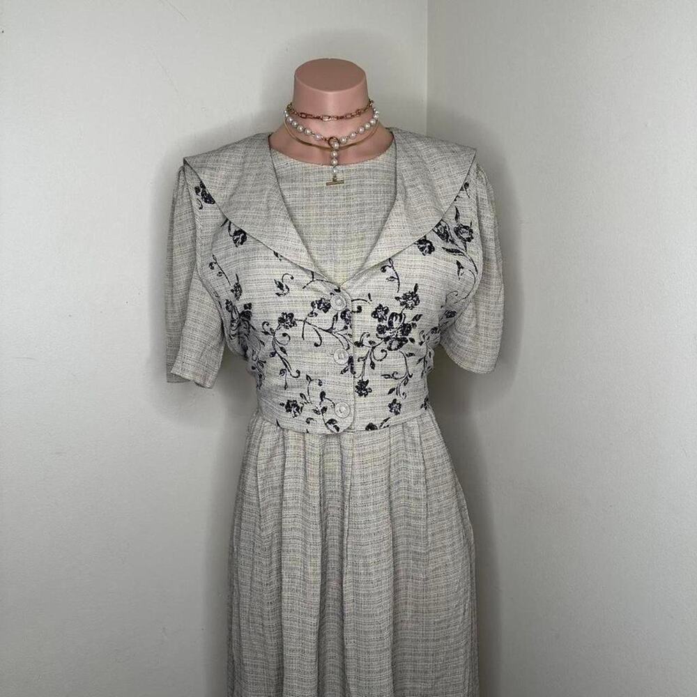 90s JBS Pisarro Nights Dress Size 10 Gray Floral Cottage Maxi A-Line Vintage